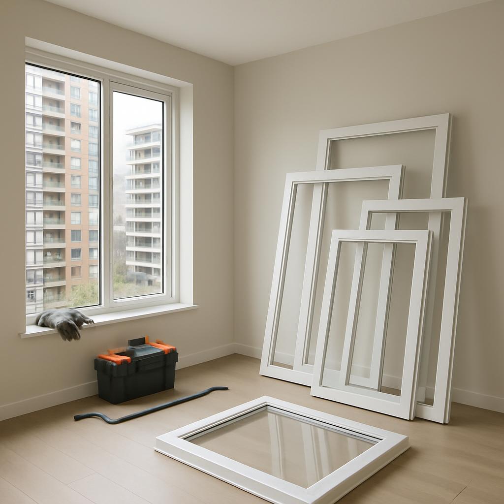 A room in the process of renovation, featuring several window frames of varying sizes leaning against the wall, with a par...