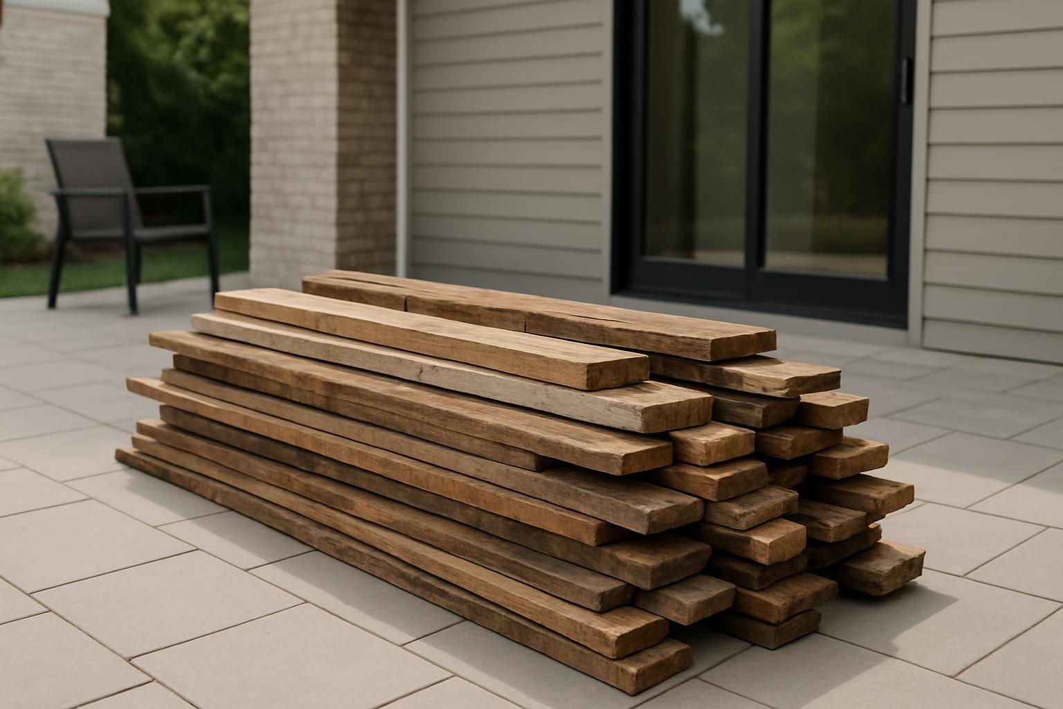 A stack of wooden planks on a patio.