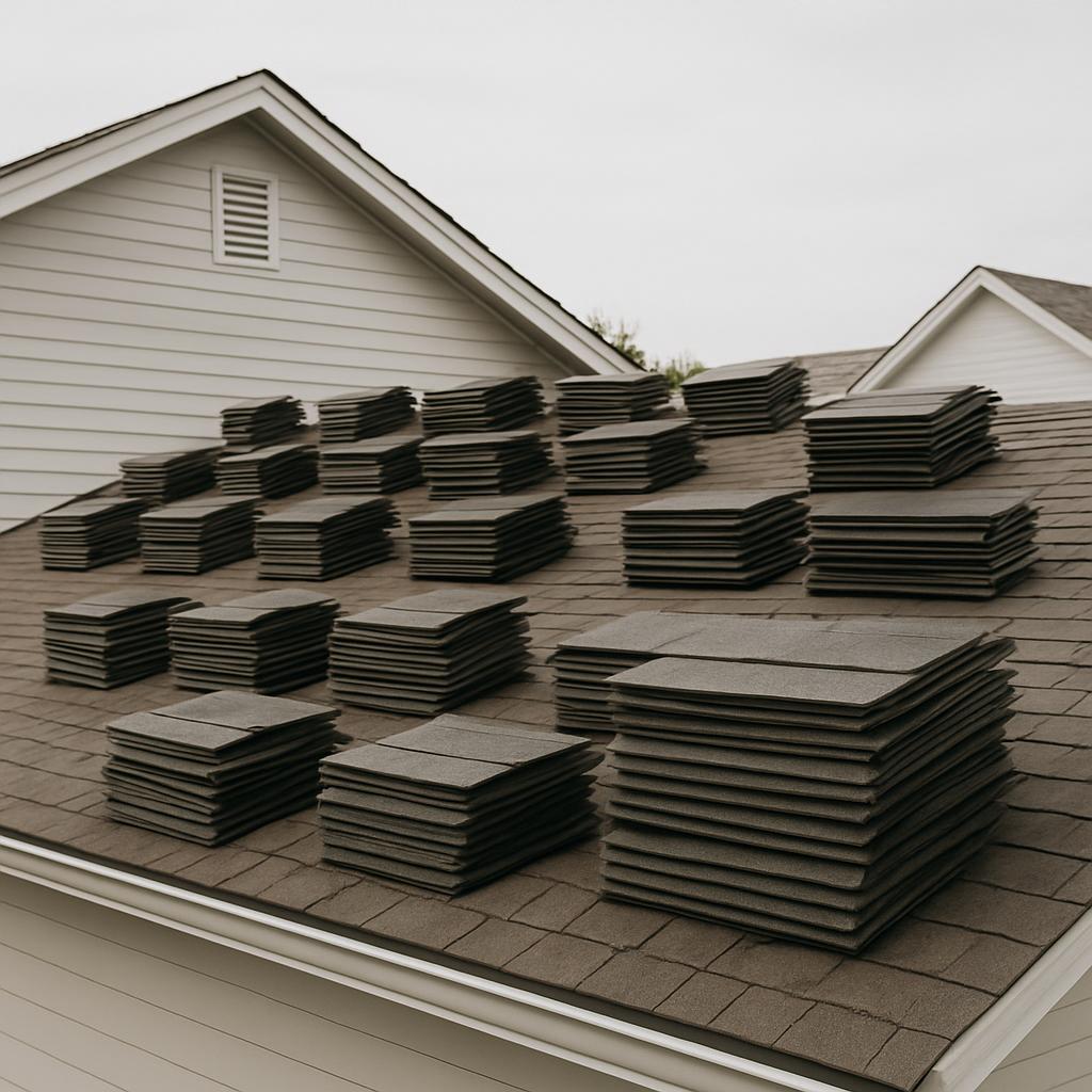 The roof appears to be shaded with many stacks of roofing material scattered across the gray roof with a white-plastered h...