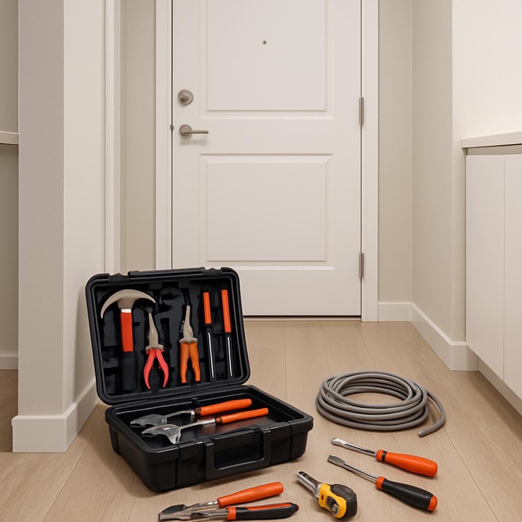 Tools next to a white door. Tools include a hammer, pliers, wrench, cord, brush, screwdriver, and multitool.