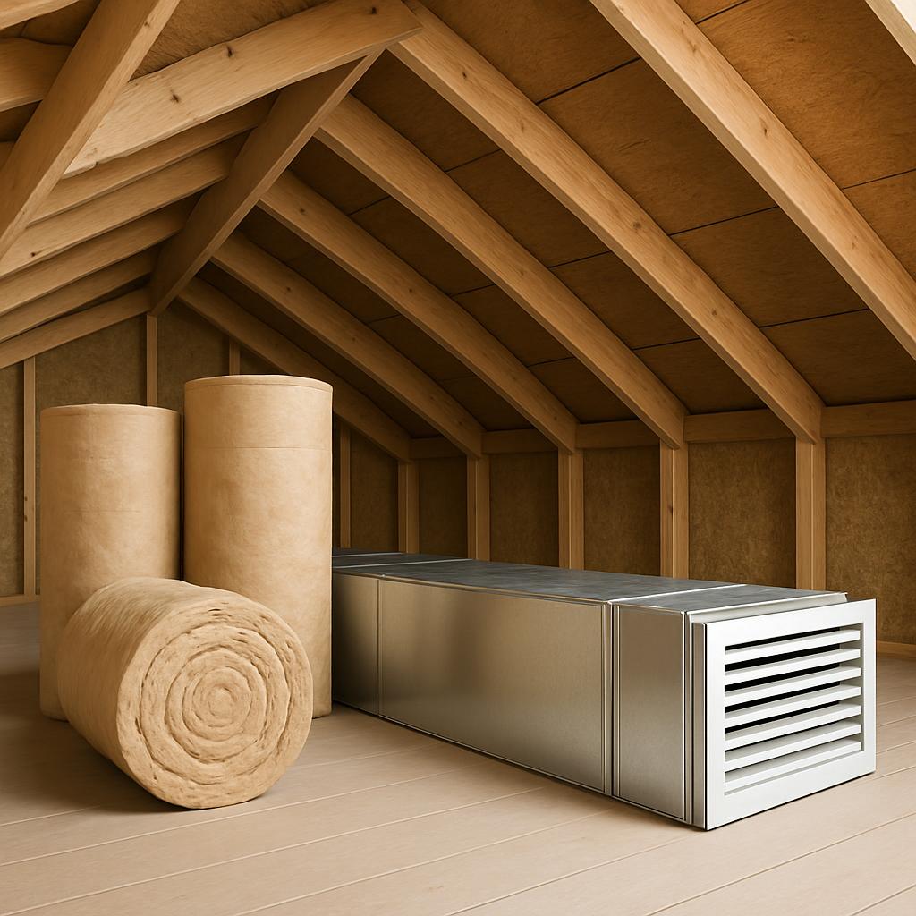 A home attic with loft insulation and ventilation equipment.